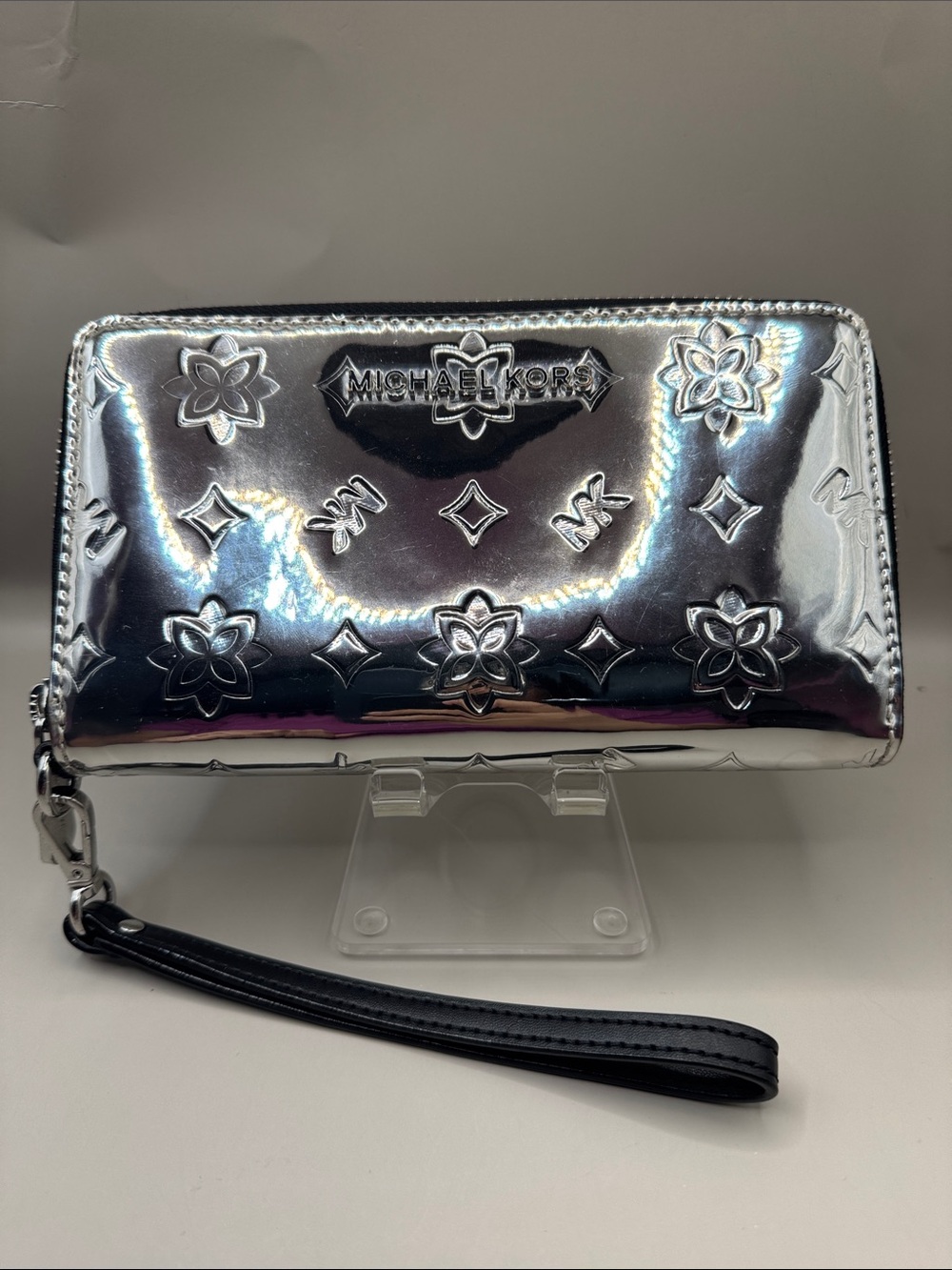Michael Kors Silver Metallic Embossed Wristlet/Phone Case